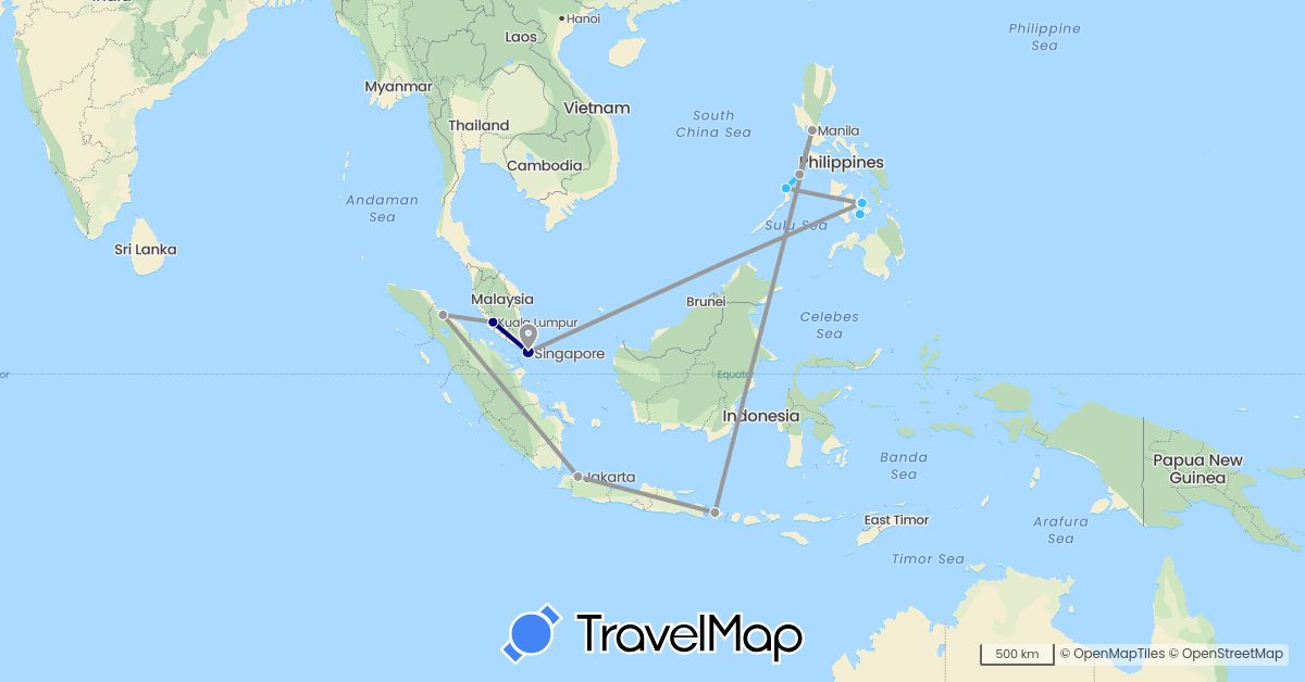 TravelMap itinerary: driving, plane, boat in Indonesia, Malaysia, Philippines, Singapore (Asia)